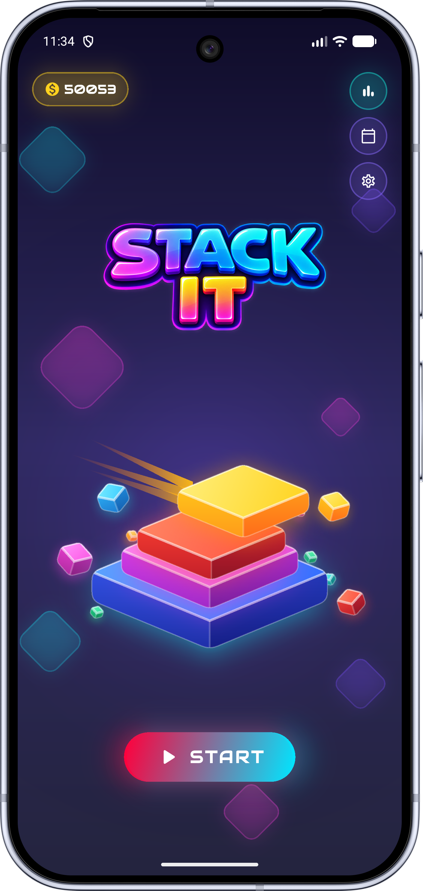 StackIt mobile gameplay screenshot showcasing 3D isometric stack and launch screen